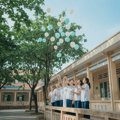 Nhóm học sinh Việt Nam mặc đồng phục trắng đứng trên lan can...