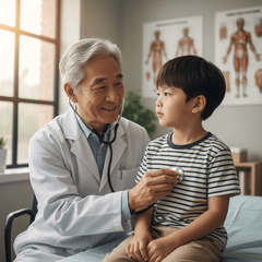 tạo hình ảnh Bác sĩ (lớn tuổi, phúc hậu) đang khám bệnh cho 1 bé...