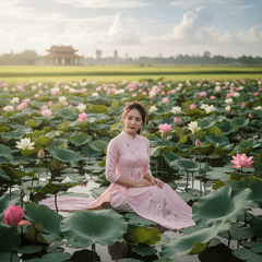 1 cô gái ngồi đầm sen . Với đặc điểm phong cách thực tế . Nếu...