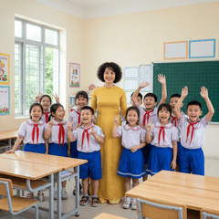 tôi muốn tạo 1 hình cô giáo mặc áo dài màu vàng, tóc ngắn và các...