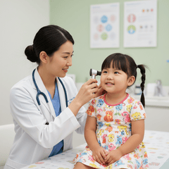 tạo hình ảnh Bác sĩ đang khám bệnh cho 1 bé gái dễ thương khoảng...