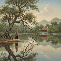 Vietnamese silk painting style, Wide establishing shot showing an ancient,...