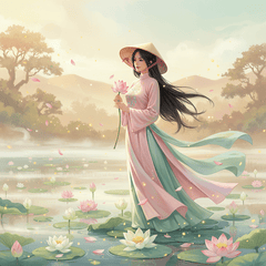 A graceful young Vietnamese woman in a traditional áo tứ thân of pastel pink...