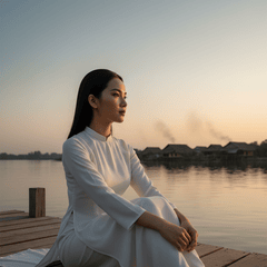 Cô gái xinh đẹp - dịu dàng mặc áo bà ba trắng đang ngồi trên bến...
