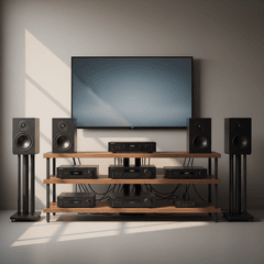 Dàn Âm Thanh hifi 6 loa màu đen để trên kệ màu nâu với đày đủ âm...