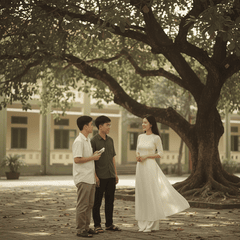 Cô giáo trẻ người Việt trò chuyện với sinh viên dưới tán cây...