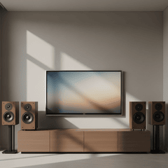Dàn Âm Thanh hifi 4 loa màu nâu để trên kệ màu nâu - đẹp lung linh...