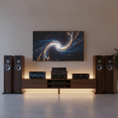 Dàn Âm Thanh hifi 6 loa màu nâu đậm để trên kệ màu nâu với đày...