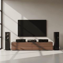 Dàn Âm Thanh hifi màu đen để trên kệ màu nâu - đẹp lung linh huyền...