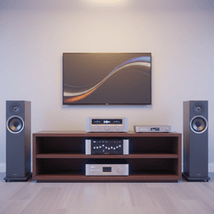 Dàn Âm Thanh hifi 4 loa màu ghi để trên kệ màu nâu với đày đủ âm ly...