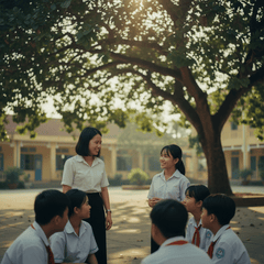 Cô giáo trẻ người Việt trò chuyện với sinh viên dưới tán cây...