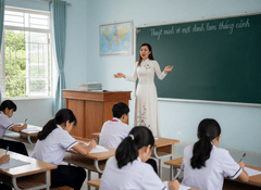 Cô giáo Việt Nam dạy Ngữ Văn mặc áo dài, hăng say giảng bài...