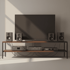 Dàn Âm Thanh hifi 4 loa màu ghi để trên kệ màu nâu với đày đủ âm ly...
