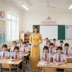 tạo 1 ảnh cô giáo áo dài vàng, tóc thẳng ngắn ngang cổ, đang...