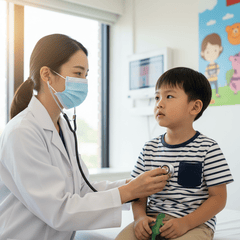 tạo hình ảnh Bác sĩ đang khám bệnh cho 1 bé nam. cả 2 đều là...
