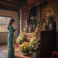 cô gái đang thắp hương . Với đặc điểm phong cách thực tế ....