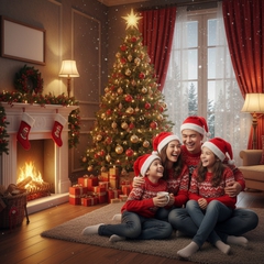 Một gia đình mặc trang phục giáng sinh, đội nón noel, vui vẻ bên...