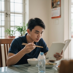 Thẻ 6 - Vừa ăn vừa làm việc riêng: Hình ảnh một bạn nam vừa ăn...