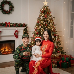 Mọt gia đình bố mặc áo bộ đội, mẹ so dài và 2 con trong khung...