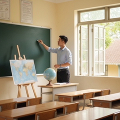 hình ảnh thấy giáo trẻ đang viết bài lịch sử trên bảng . Với...