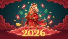 A cute cartoon horse wearing a lucky charm outfit, with a red cloud background. The...