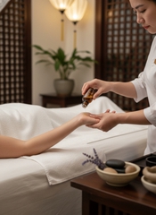 Chuẩn bị tinh dầu / tay massage nhẹ nhàng (không lộ cơ thể) khách...