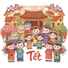 A vertical Vietnamese Lunar New Year illustration, warm and joyful atmosphere,...