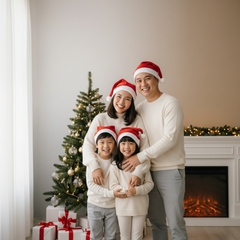 Một gia đình mặc trang phục giáng sinh, đội nón noel, vui vẻ bên...