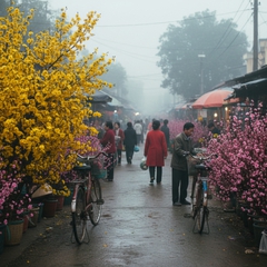 Chợ Tết mở ra trong làn sương mỏng của buổi sáng đầu năm. Con...