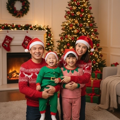 Một gia đình mặc trang phục giáng sinh, đội nón noel, vui vẻ bên...