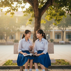 Sân trường trung học cơ sở vào buổi chiều yên bình. Hai học sinh...