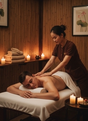 nhân viên nữ đang massge Khách nam nằm thư giãn / nến / khăn . Với...
