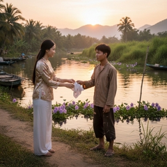 Tạo ảnh cô gái giàu mặc bộ đồ bà ba quần dài trắng, tặng...