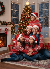 Một gia đình mặc trang phục giáng sinh, đội nón noel, vui vẻ bên...
