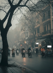 Tạo ảnh đường phố hà nội mua đông có chút sương mù , góc...