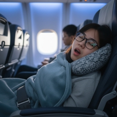 A realistic portrait of a Vietnamese woman sleeping with her mouth open on an...