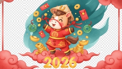 A cute cartoon horse wearing a lucky charm outfit, with a red cloud background. The...