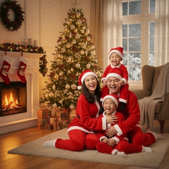 Một gia đình mặc trang phục giáng sinh, đội nón noel, vui vẻ bên...