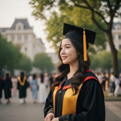 tạo ảnh cô gái mặc áo cử nhân quay mặt nghiêng hướng về phía...