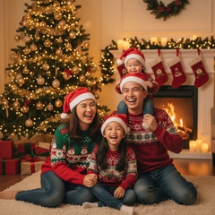 Một gia đình mặc trang phục giáng sinh, đội nón noel, vui vẻ bên...