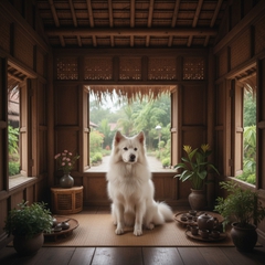 Chó eskimo ngồi trong nhà lỗ tai sụp . Với đặc điểm phong cách...