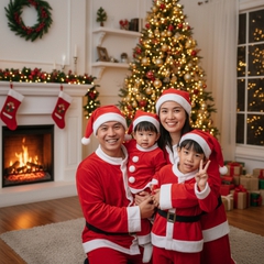 Một gia đình mặc trang phục giáng sinh, đội nón noel, vui vẻ bên...