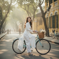 Một cô gÁI MẶC ÁO DÀI TƯƠI CƯỜI TRONG NẮNG SỚM, NGỒI TRÊN...
