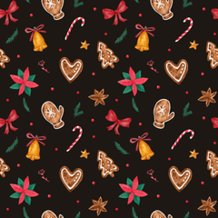 Họa tiết, bánh gừng, kẹo gậy, chuông, hoa trạng nguyên, màu đỏ, màu nâu, nền đen, christmas pattern, pattern, gingerbread, candy cane, bell - an_chu