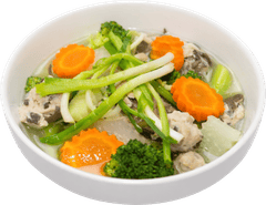 Canh bóng thả, canh rau củ, thịt viên, cà rốt, súp lơ, nấm, hành lá, bát trắng, món ăn gia đình, mọc soup, vegetable soup, meatballs, carrot, broccoli, mushroom