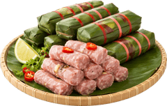Nem chua, tết, thịt lợn, lên men, lá chuối, tỏi, ớt, chanh, mẹt tre, đặc sản, fermented pork roll, lunar new year, pork, fermented, banana leaf, garlic, chili, lime, bamboo tray, specialty