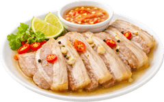 Thịt luộc, thịt ba chỉ, nước mắm, tỏi, ớt, chanh, rau thơm, đĩa trắng, món ăn chính, ẩm thực việt nam, boiled pork, pork belly, fish sauce, garlic, chili, lime, herbs, white plate