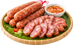 Lạp xưởng, lạp xưởng nướng, lạp xưởng thái lát, nước chấm, ớt, lá chuối, mẹt tre, món ăn ngày tết, ẩm thực việt nam, màu đỏ, chinese sausage, grilled sausage, sliced sausage, dipping sauce
