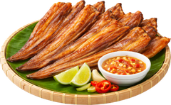 Cá chỉ vàng nướng, cá khô, cá nướng, nước chấm, chanh, tỏi, ớt, mẹt tre, lá chuối, đồ nhắm, grilled yellowstripe scad, dried fish, grilled fish