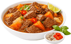 Bò kho, thịt bò, cà rốt, quế hồi, húng quế, chanh, muối tiêu ớt, món hầm, bát trắng, vietnamese beef stew, beef, carrot, star anise, basil, lime, salt and pepper chili, stew, white bowl